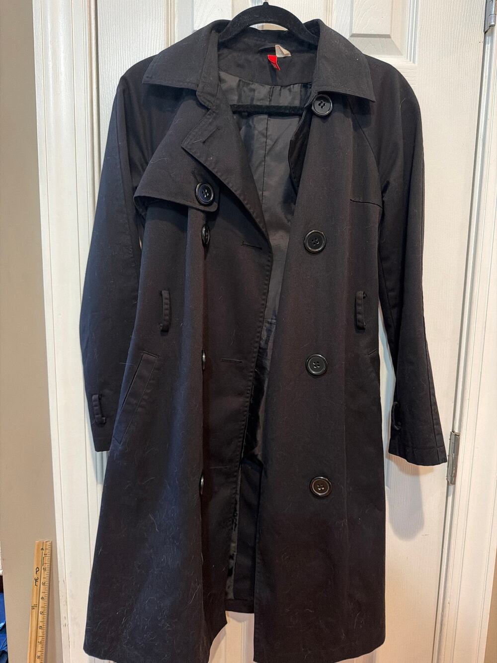 H&M Black Double Breasted Trench Coat Size 6 No Belt/Missing sleeve loops
